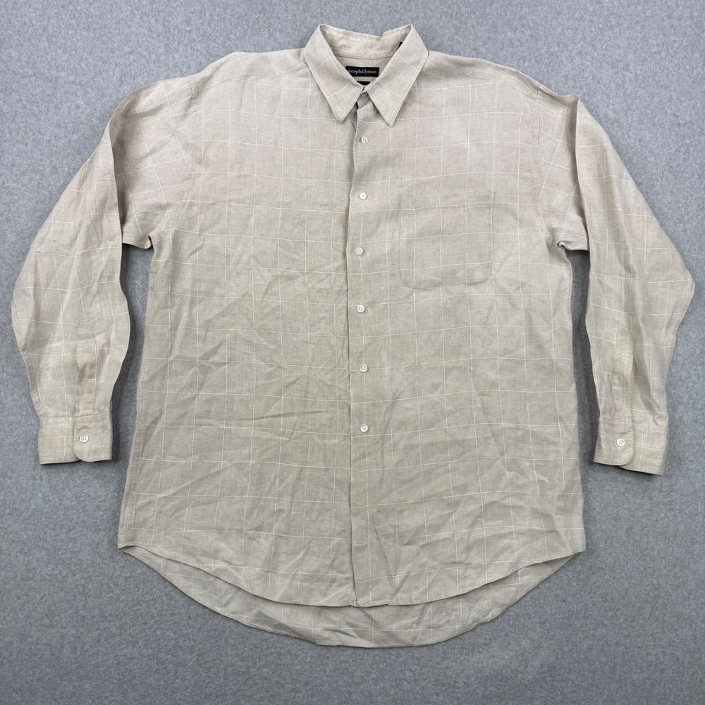 Joseph & Lyman‎ Shirt Mens Large (Fits 2XL) Beige Italian Linen Windowpane Plaid